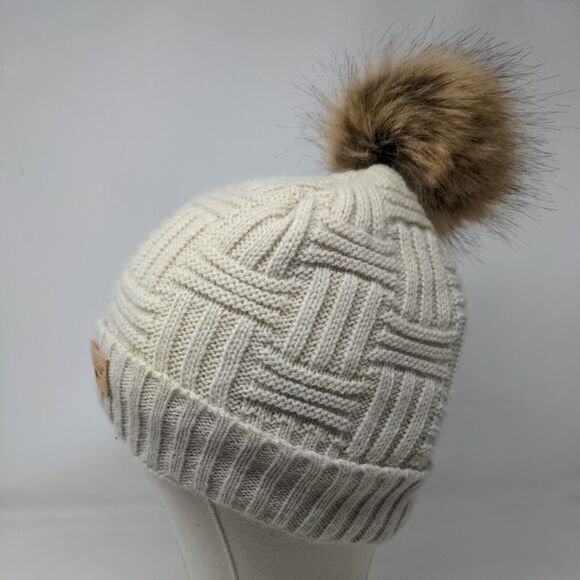 Britt's Knits Beanie Hat Cream One Size Hand Knitted Faux Fur Pom Pom - Picture 3 of 9